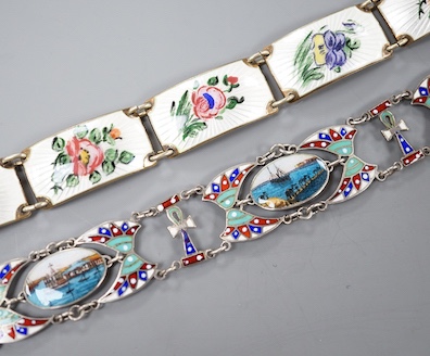 A Norwegian sterling and enamel floral bracelet, 16cm and one other 800 white metal and enamel bracelet, 19cm.